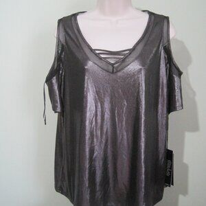 Nwt Rock & Republic Womens XL Metallic Black Cold Shoulder Top Mesh Ladder Neck